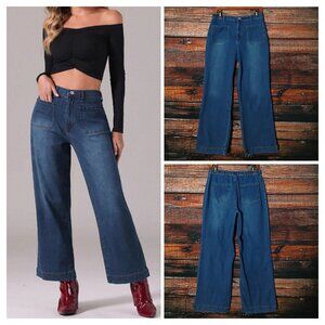 Allegra K Jeans M Wide Leg Crop High Rise Patch Pockets Blue Denim Elastic Waist